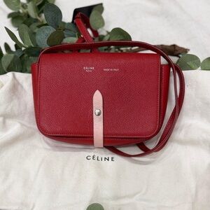 Celine Red Leather Crossbody with Pink Strap Accent